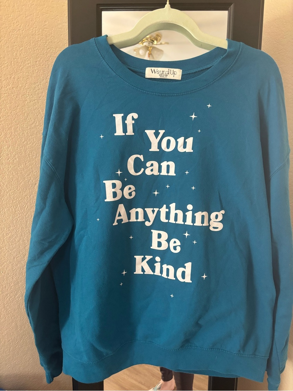 Wound Up Teal Graphic Crewneck Sweatshirt with White Inspirational Text